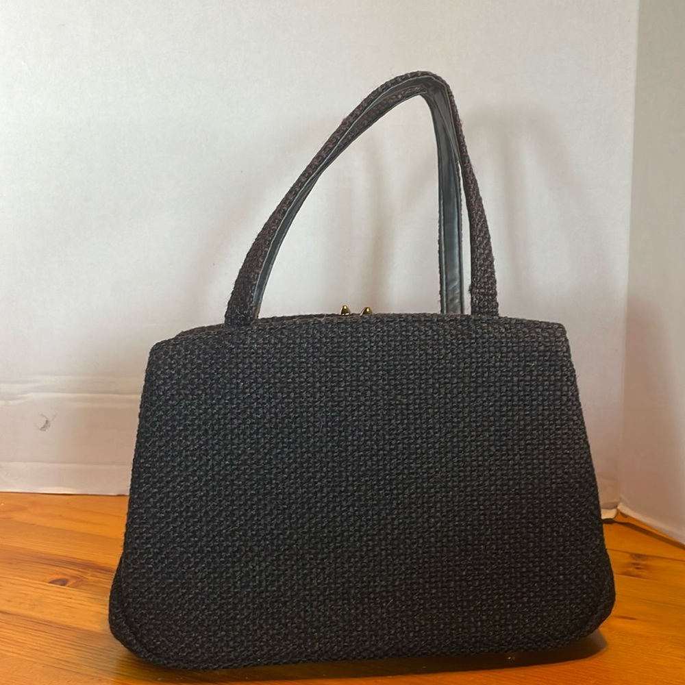 Vintage JR Florida Black Handbag Tweed Purse Clasp Closure Built in Coin Purse